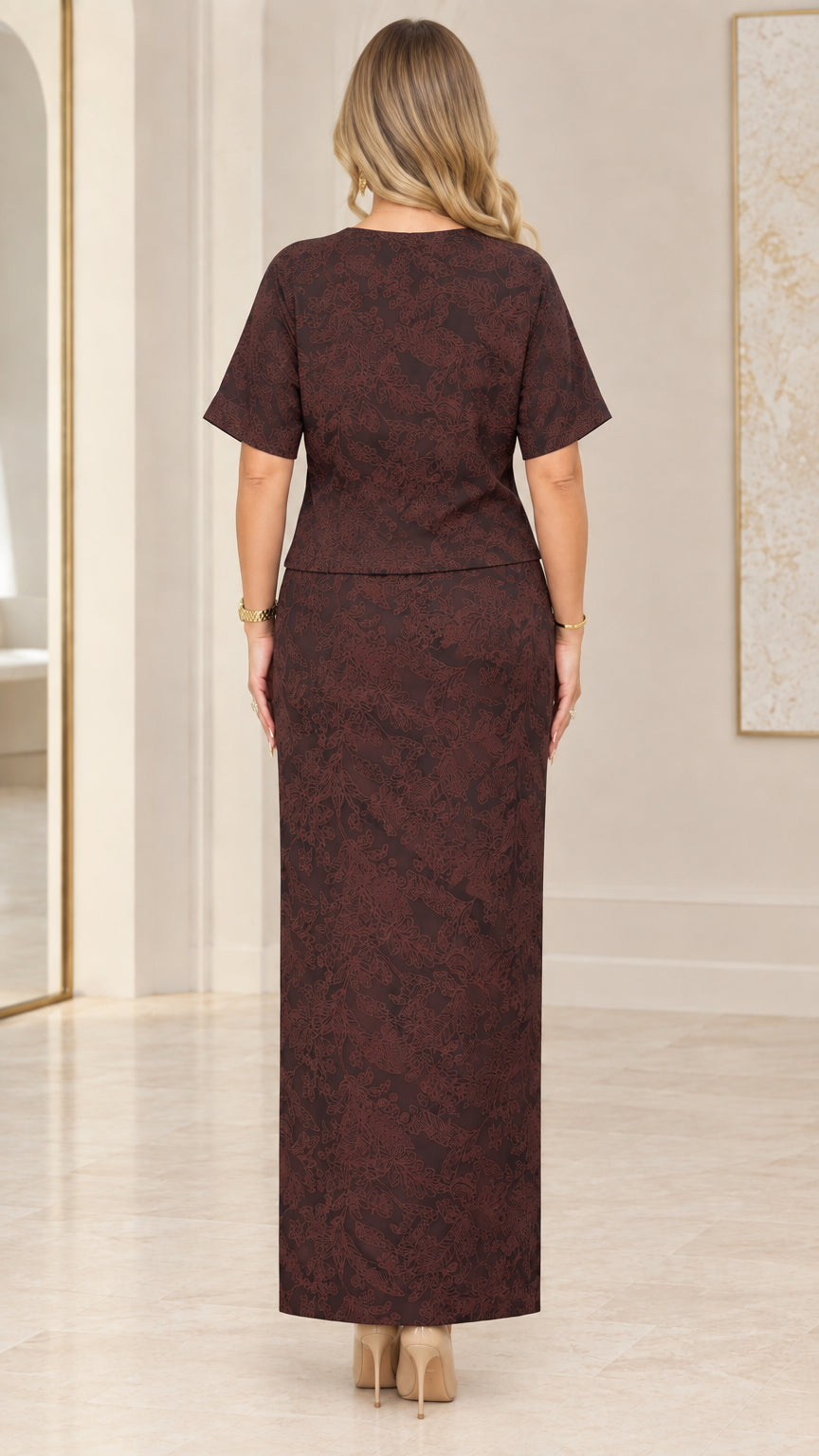 Back view of chocolate brown two-piece jacquard maxi skirt set