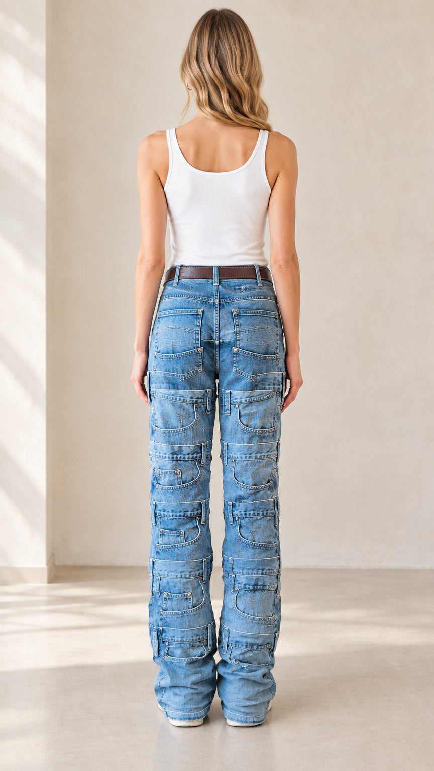Back full-length view of model wearing denim blue multi-pocket straight leg jeans