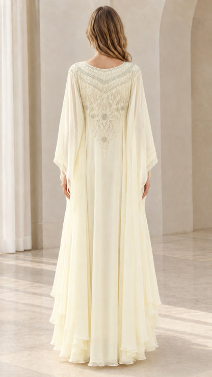 Back view of cream beaded floor-length kaftan evening dress