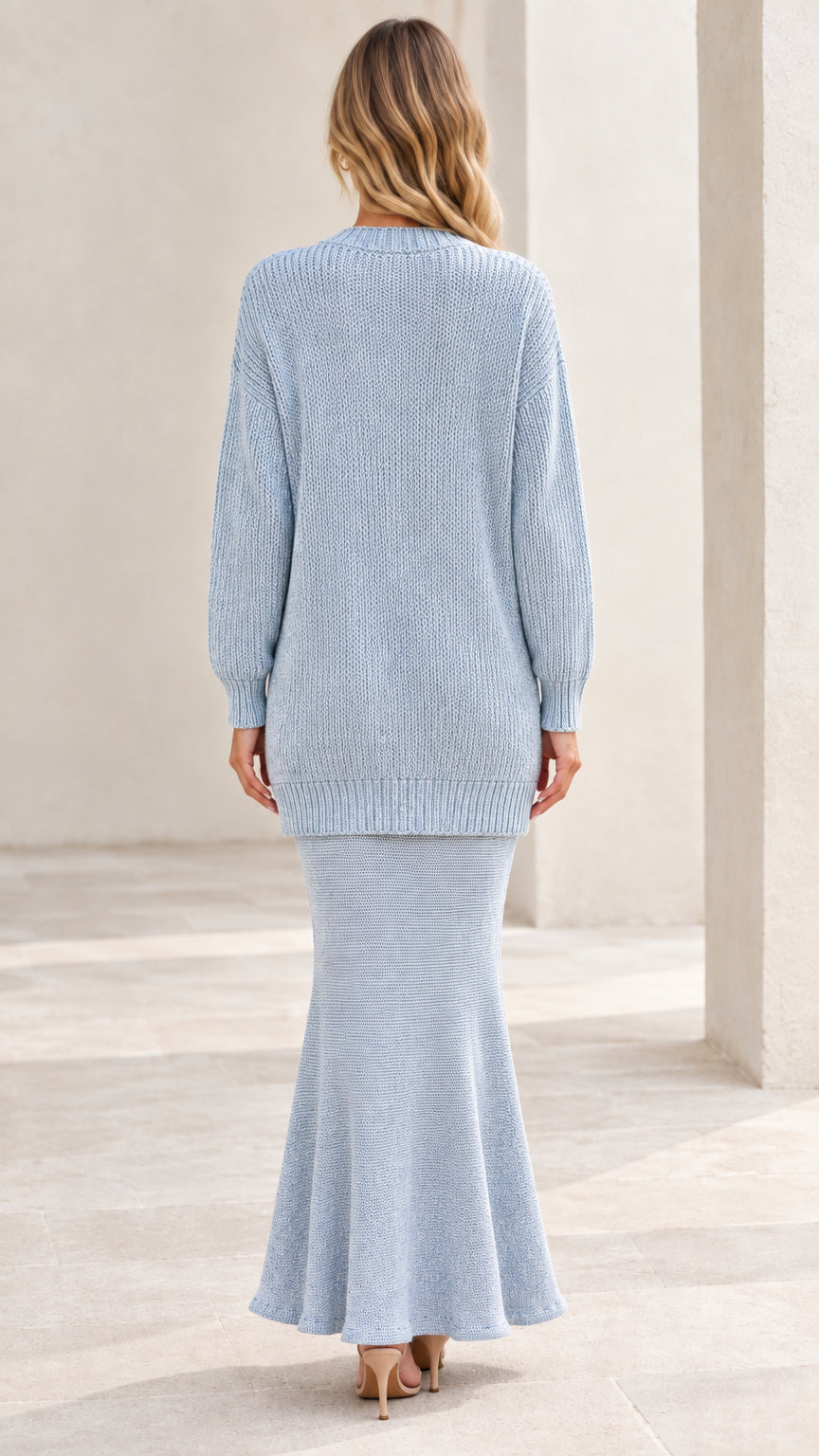 Light blue knit longline sweater cardigan and maxi skirt set back view