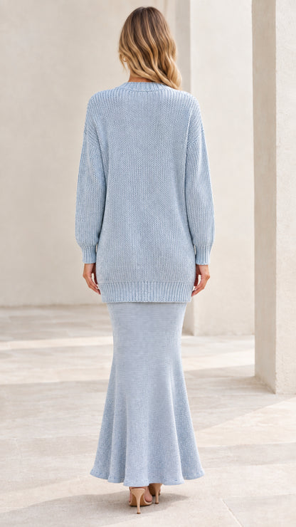 Light blue knit longline sweater cardigan and maxi skirt set back view