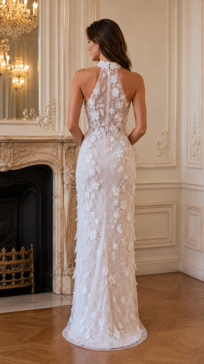 Back view of white sleeveless floral applique column gown