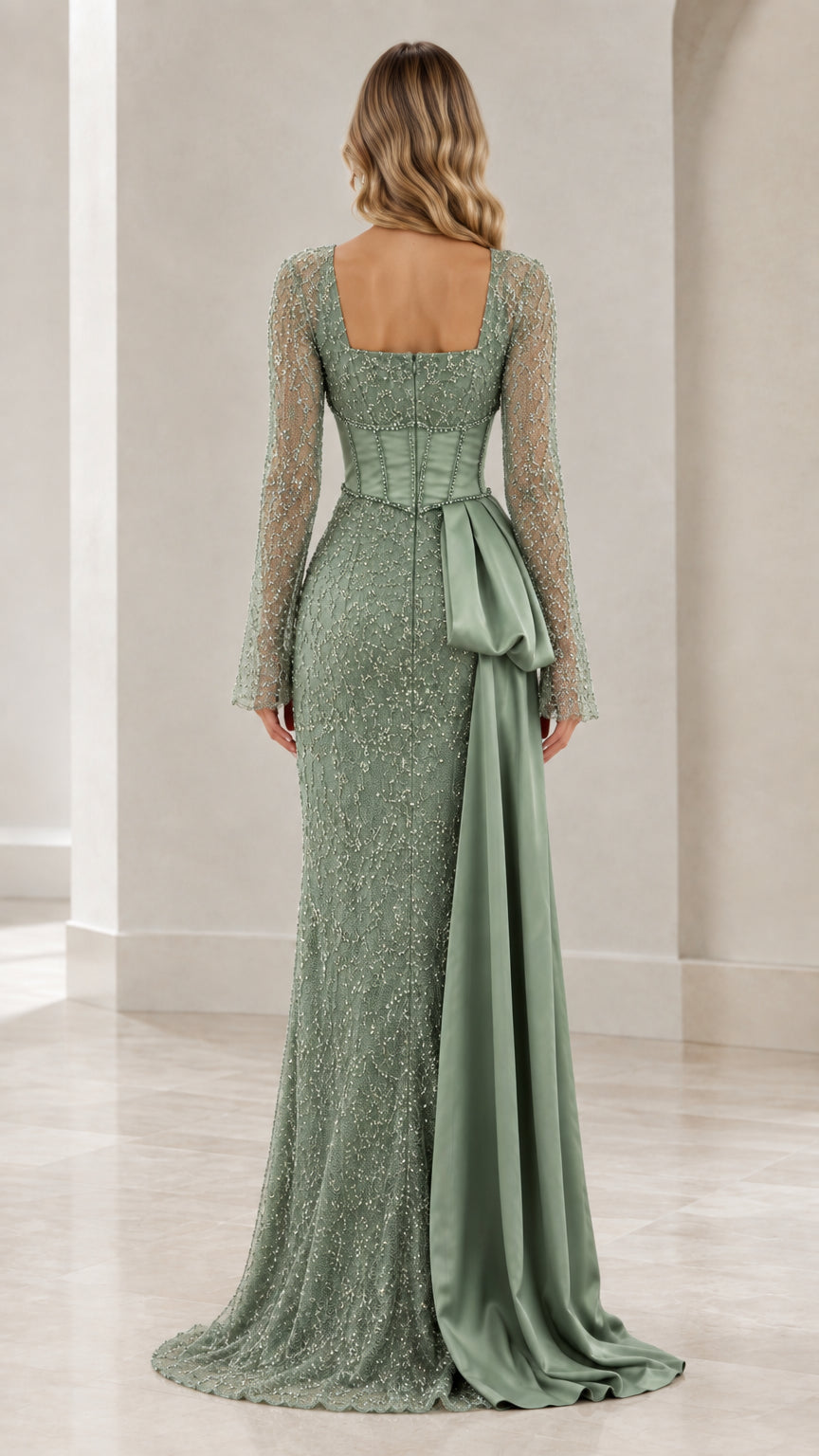 Back view of sage green square back beaded gown with tailored fit and side train