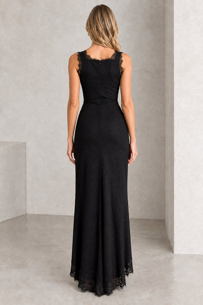Back view of black sleeveless fitted maxi dress with lace trim
