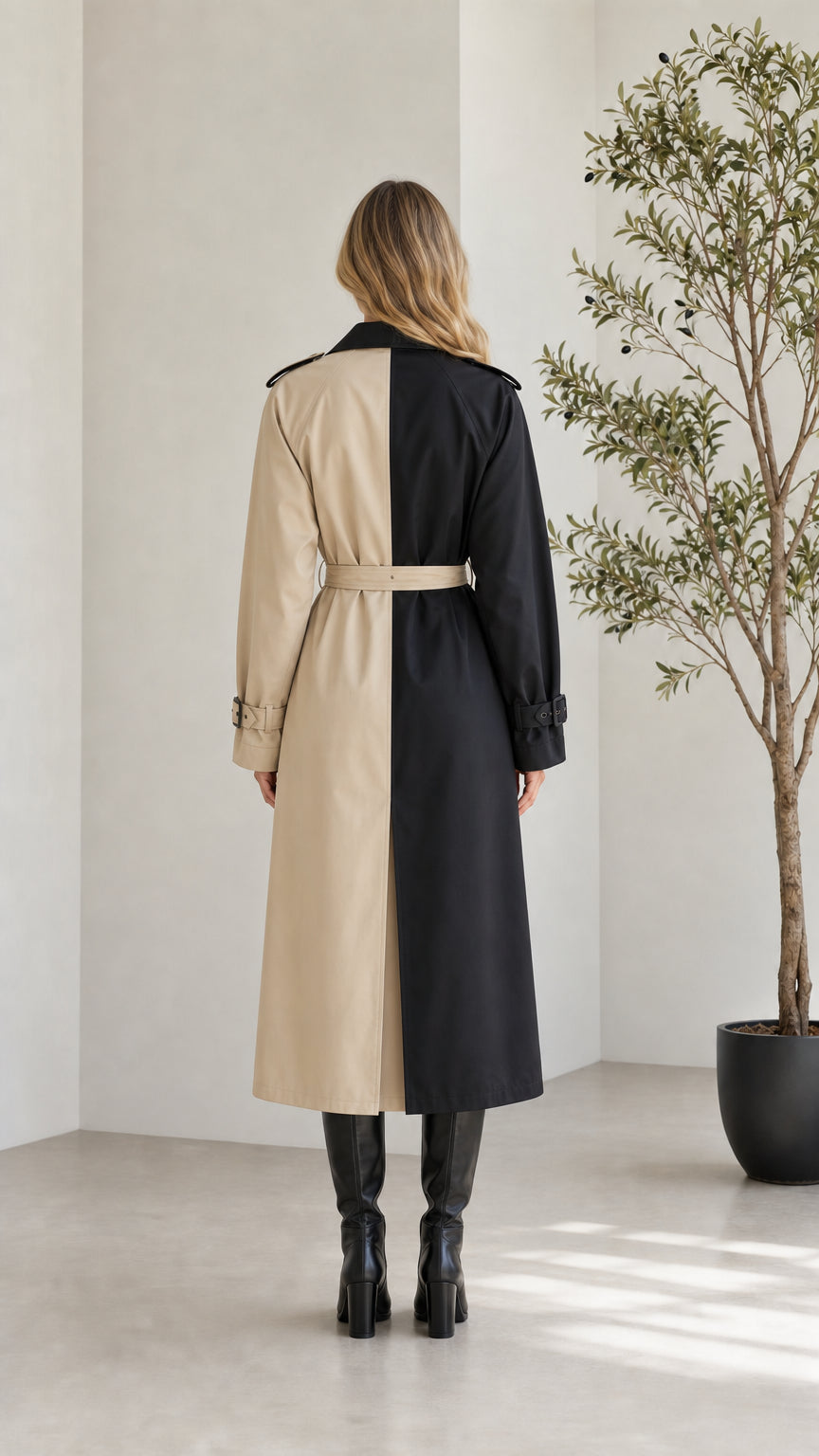 Back view of the Black and Khaki split-color longline trench coat