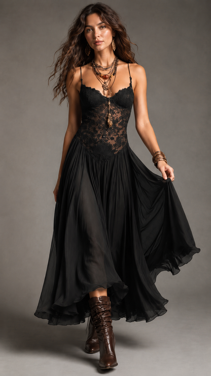 Front view of black lace bodice maxi dress with full flowing skirt