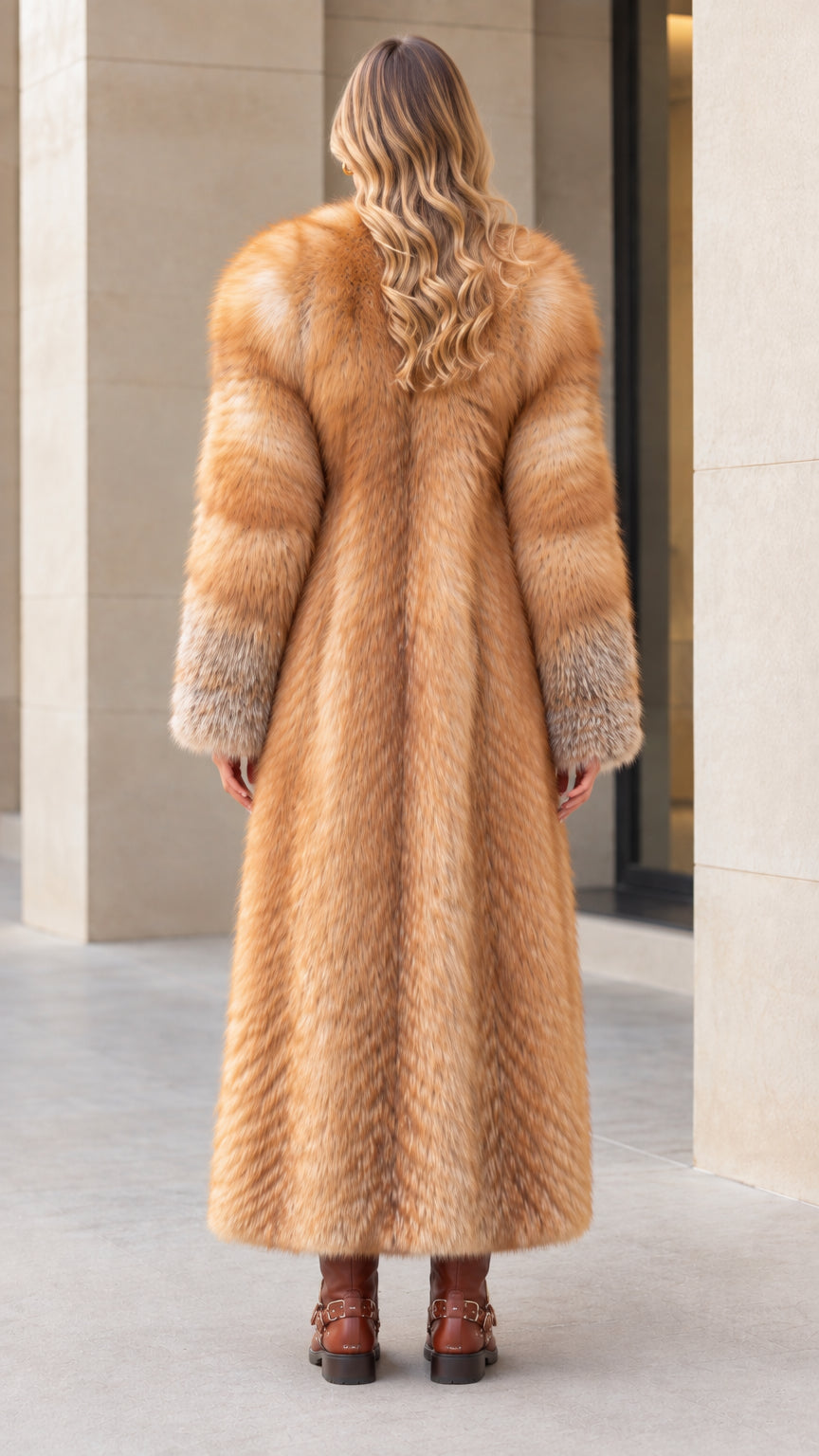 Back view of woman wearing ankle-length honey brown faux fur maxi coat