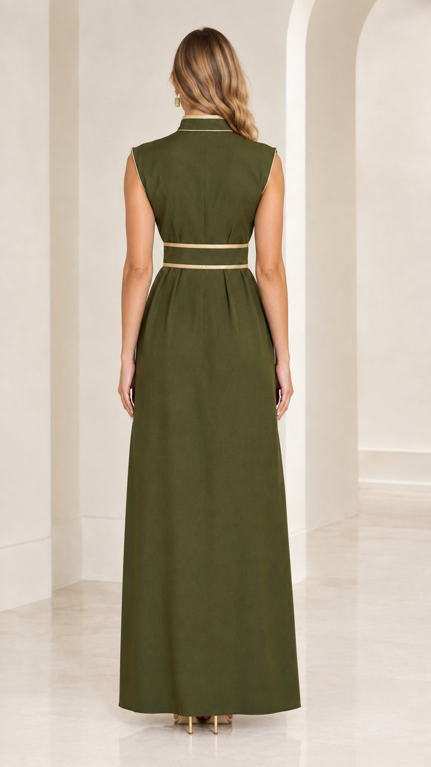 Back view of olive green sleeveless maxi dress showing clean line and stand collar