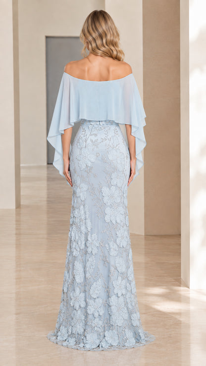 Back view of Ice Blue chiffon capelet evening dress
