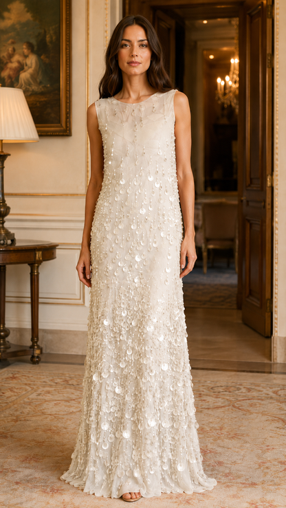 Ivory sleeveless sequin embellished maxi evening dress front view