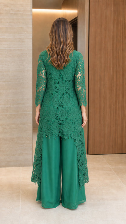 Back view of emerald green longline lace tunic and matching wide-leg trousers