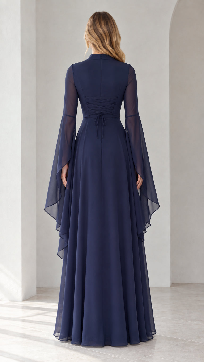 Back view of navy blue evening gown highlighting the lace-up corset back detail