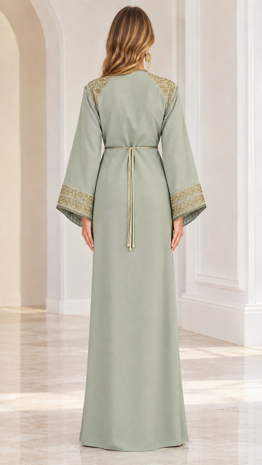 Back view of Sage Green kaftan maxi dress showing waist tie detail