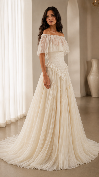 Ivory off-shoulder ruffle formal gown with soft pleated skirt front view
