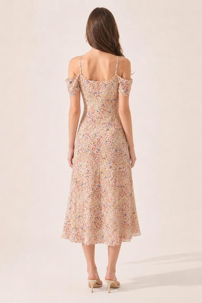 Back view of beige floral midi dress