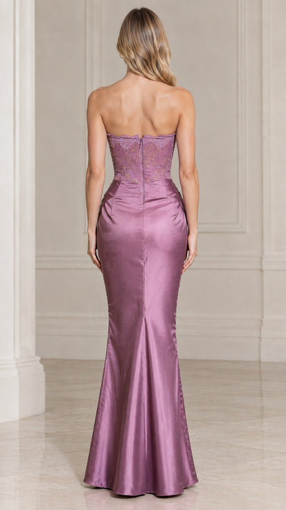 Mauve satin corset back formal gown rear view