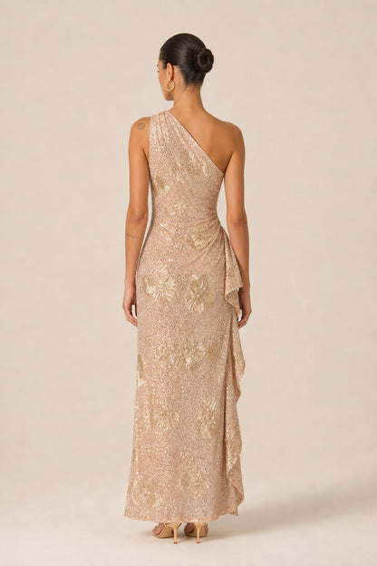 Back view of champagne one-shoulder evening gown