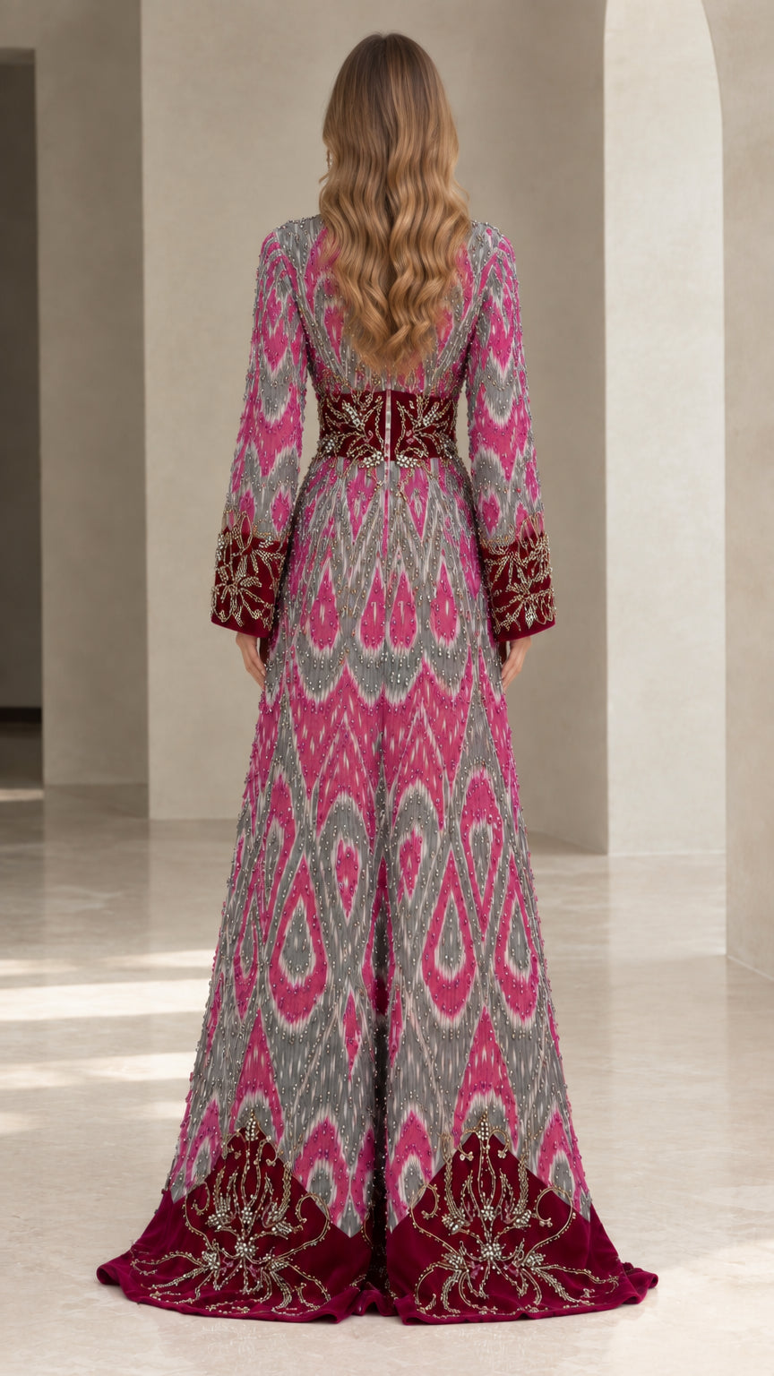 Back view of magenta ikat printed maxi gown with embroidered velvet waistband