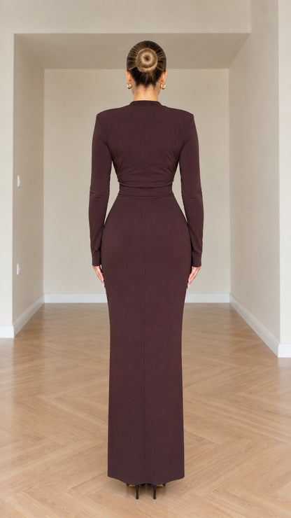 Back view of chocolate brown formal maxi dress showing clean silhouette