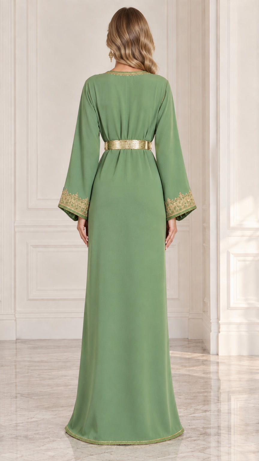 Back view of model wearing sage green evening kaftan dress with gold belt