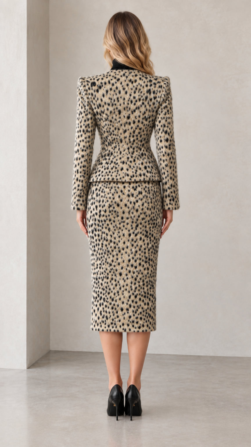 Rear view showing back construction of beige peplum jacket and pencil skirt