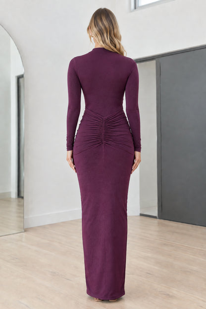 Back view showing ruched waist detail of Plum bodycon maxi dress