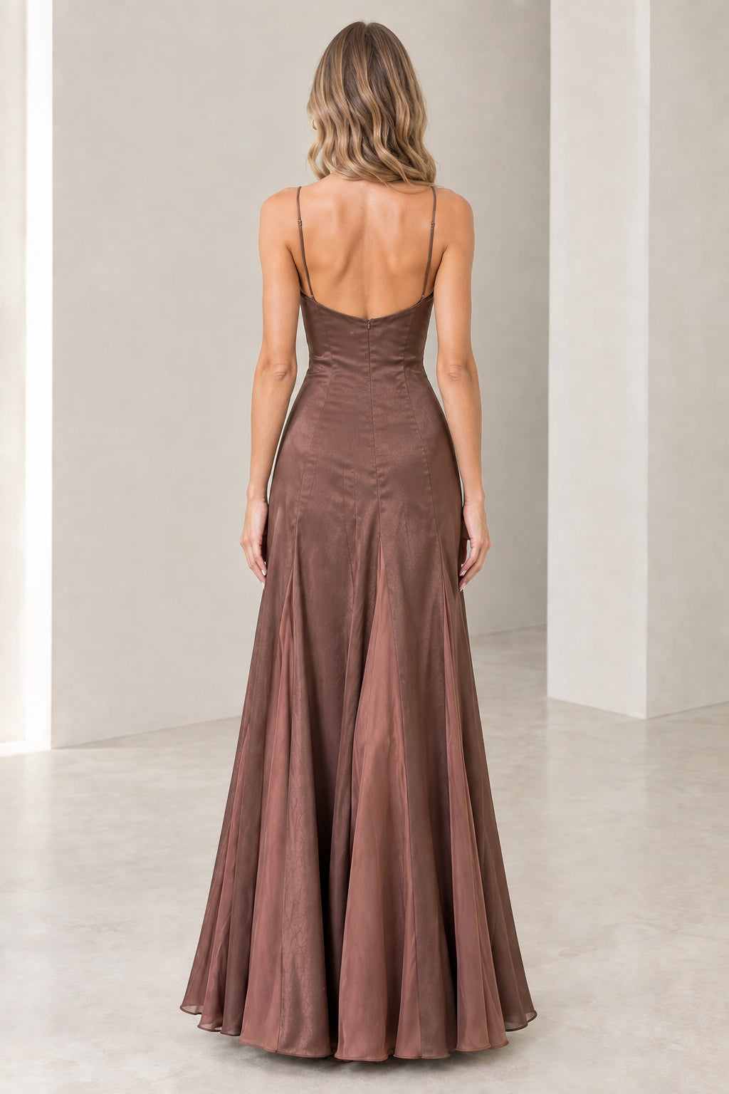 Back view of model showing open back design of Mocha Brown satin maxi dress