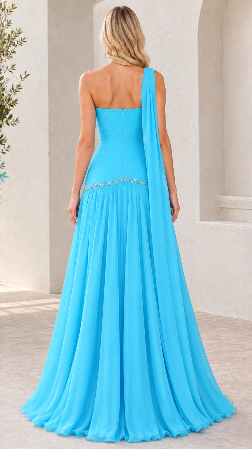 Aqua blue evening gown back view showing draped shoulder sash and zipper closure