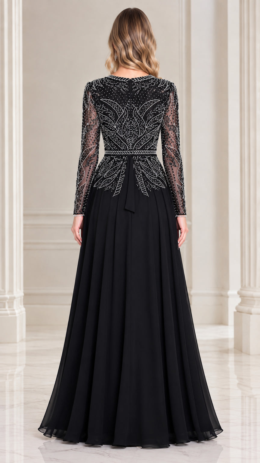 Back view of model wearing black beaded long sleeve evening dress
