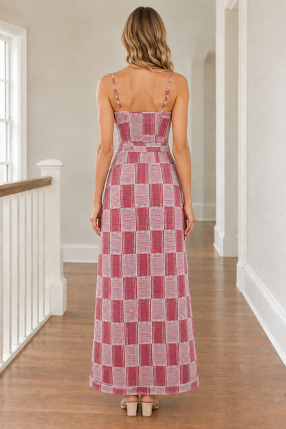 Back view of woman wearing Dusty Rose plaid full-length wide-leg jumpsuit