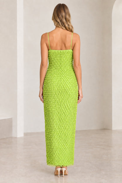 Back view of woman wearing Lime Green textured fringe cami maxi dress