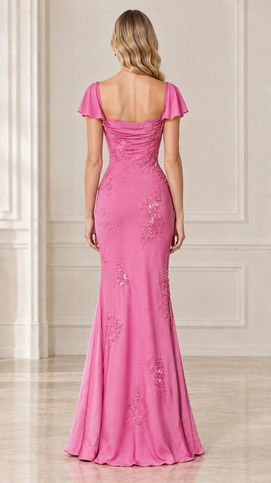 Back view of Rose Pink square back mermaid evening dress
