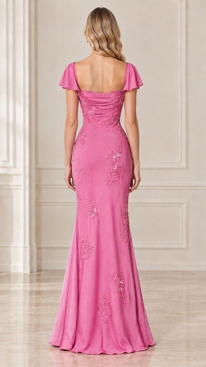 Back view of Rose Pink square back mermaid evening dress