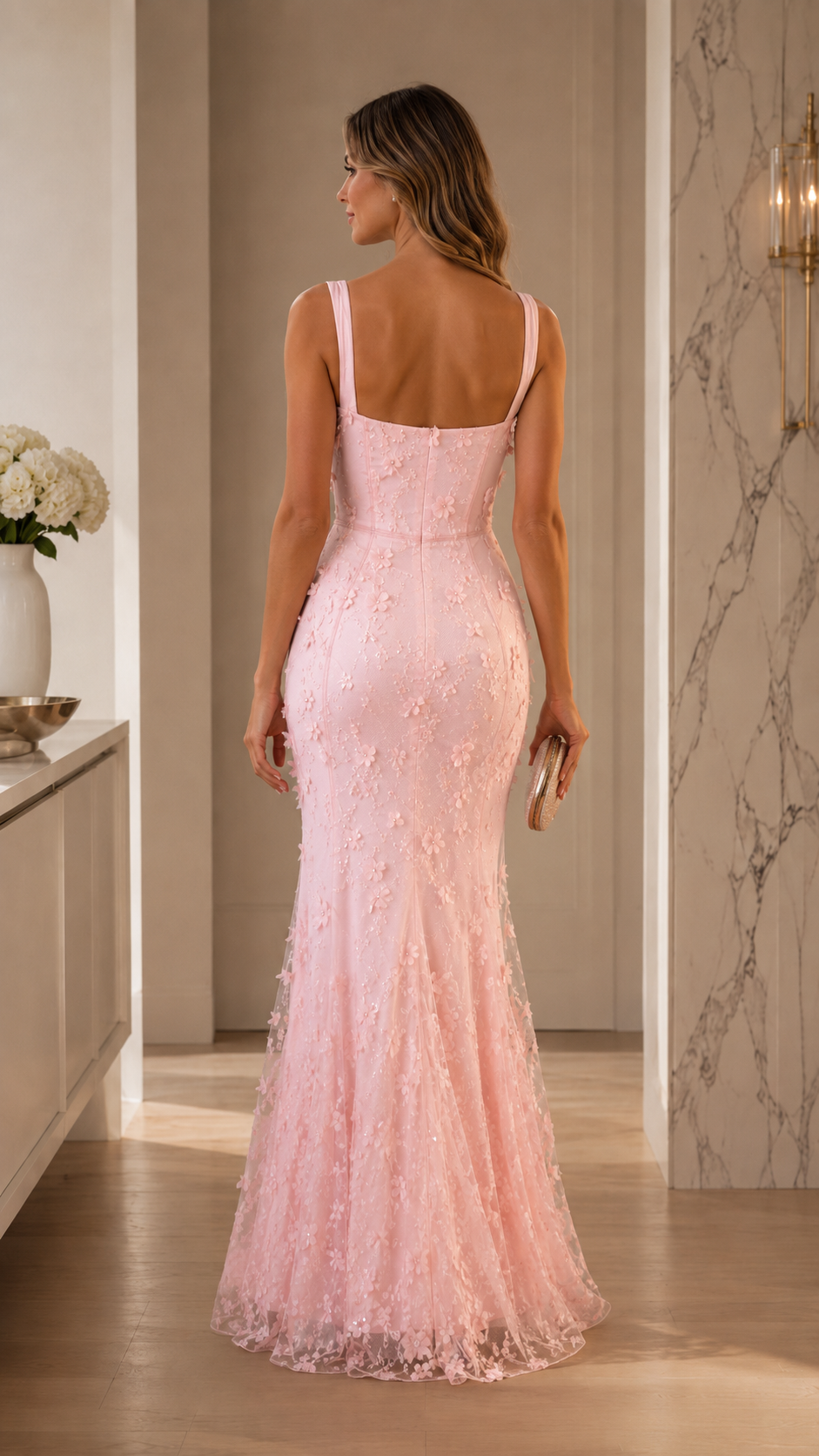 Back view of blush pink floral appliqué mermaid maxi dress