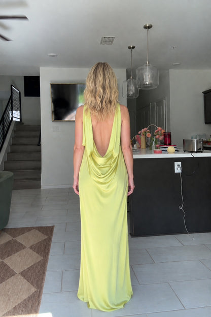 Back view showcasing low open back and draped cowl detail on Lime Green maxi dress