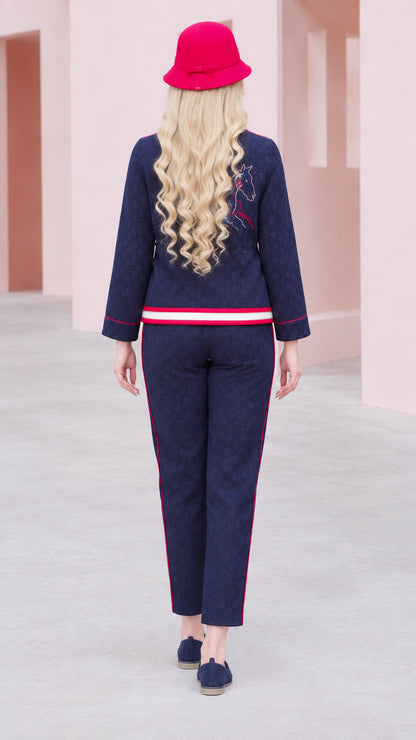 Back view of navy blue two-piece belted pant set