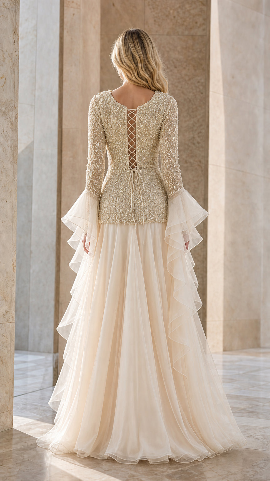 Back view of Champagne beaded evening gown showing lace-up corset detail and full skirt