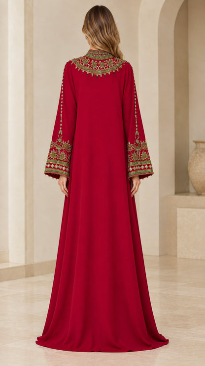 Back view of Ruby Red high neck maxi kaftan dress showing collar embroidery