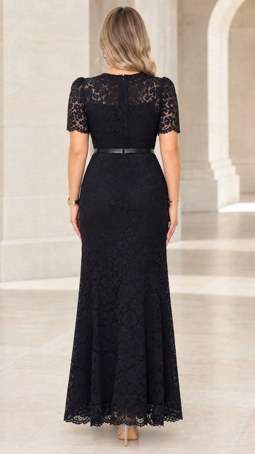 Back full-length view of Black lace formal maxi dress with concealed zipper