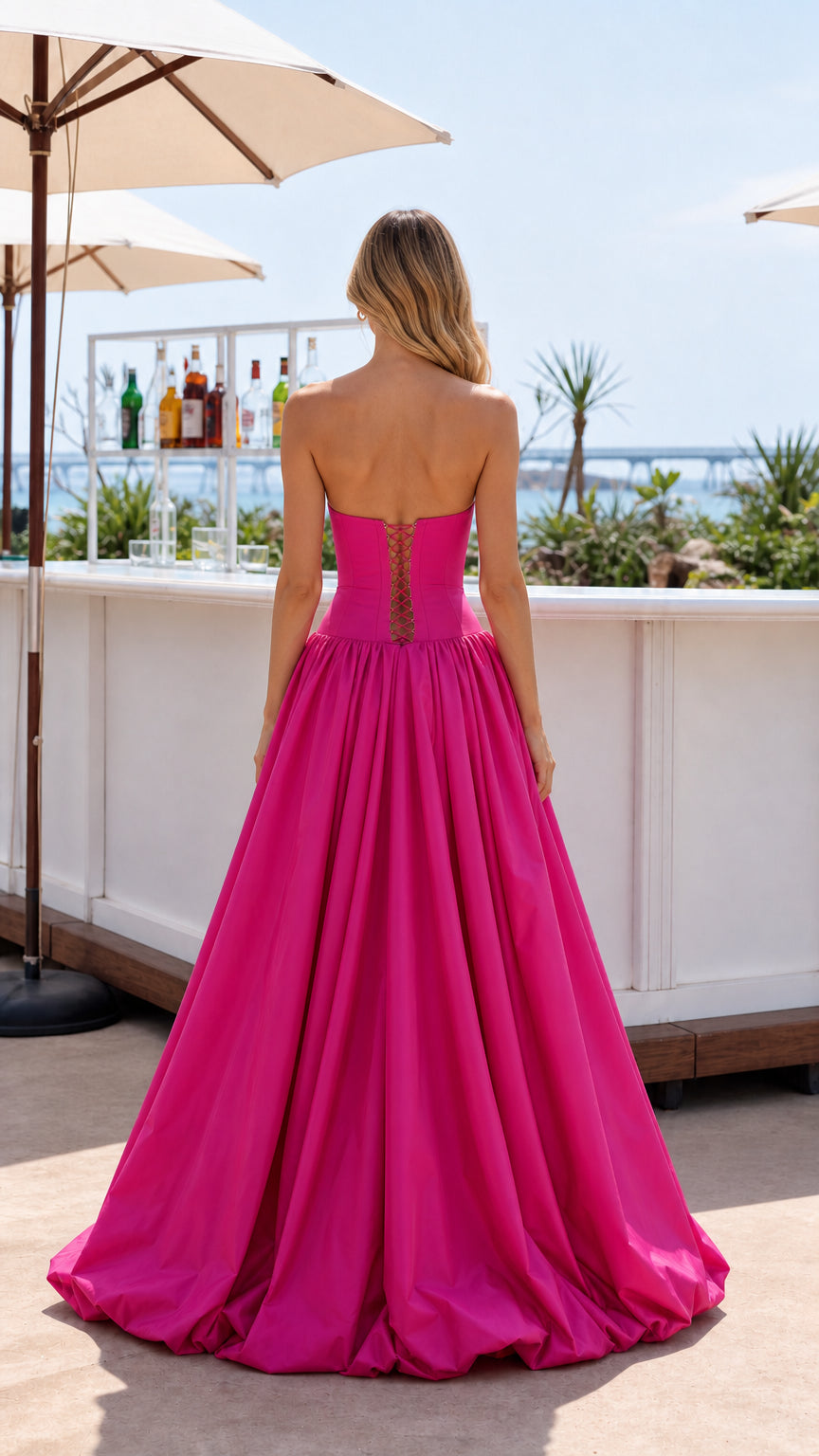 Back view of Hot Pink evening dress showing lace-up corset back detail