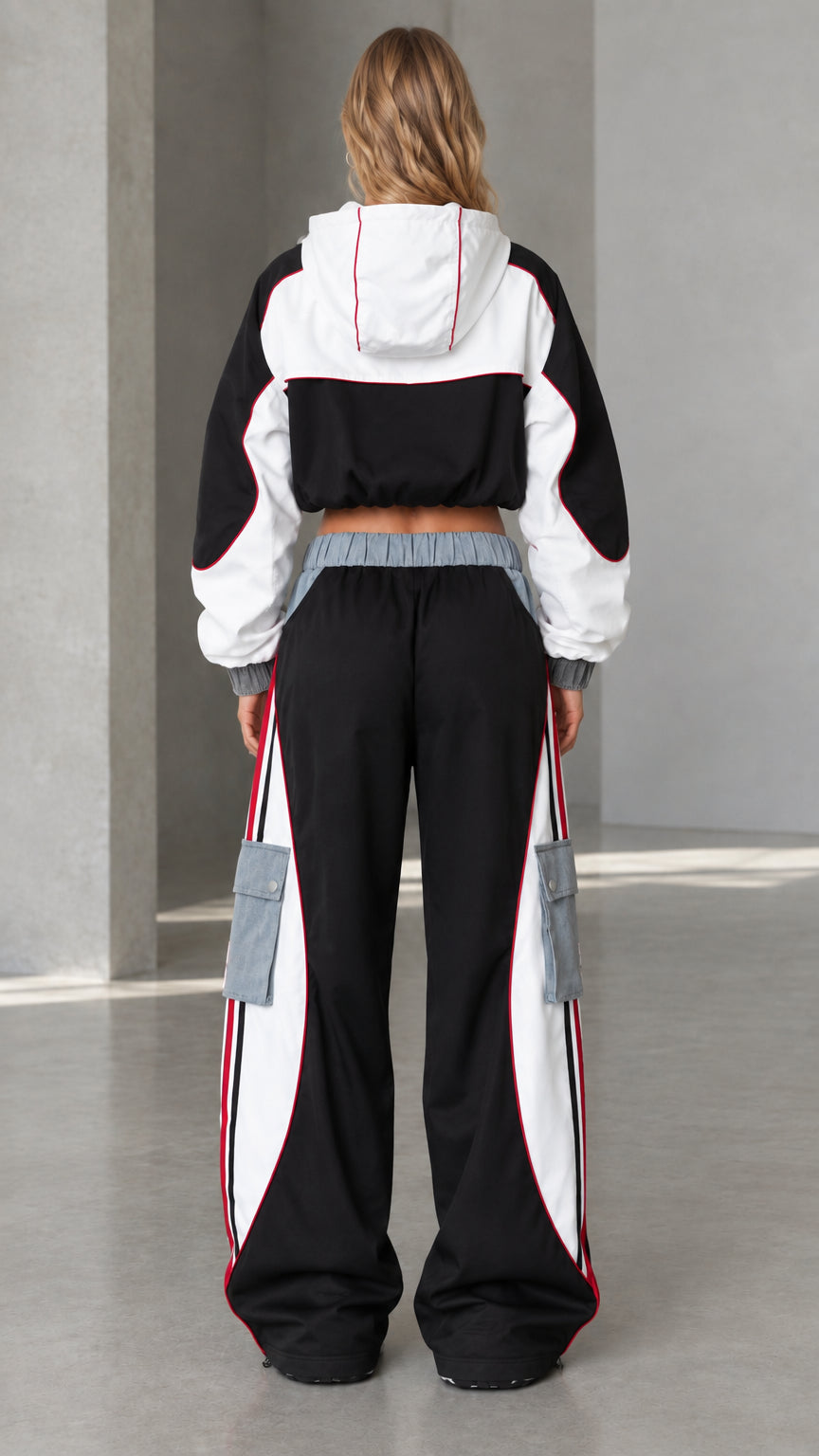 Back view of model wearing black cropped windbreaker jacket and oversized cargo pants
