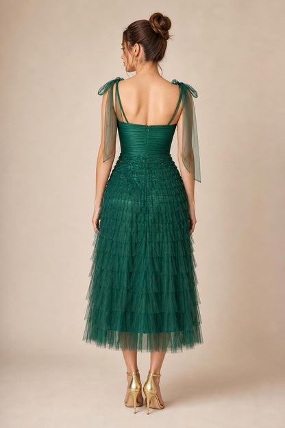 Ethereal Tiered Tulle Midi Dress in Emerald Green back view