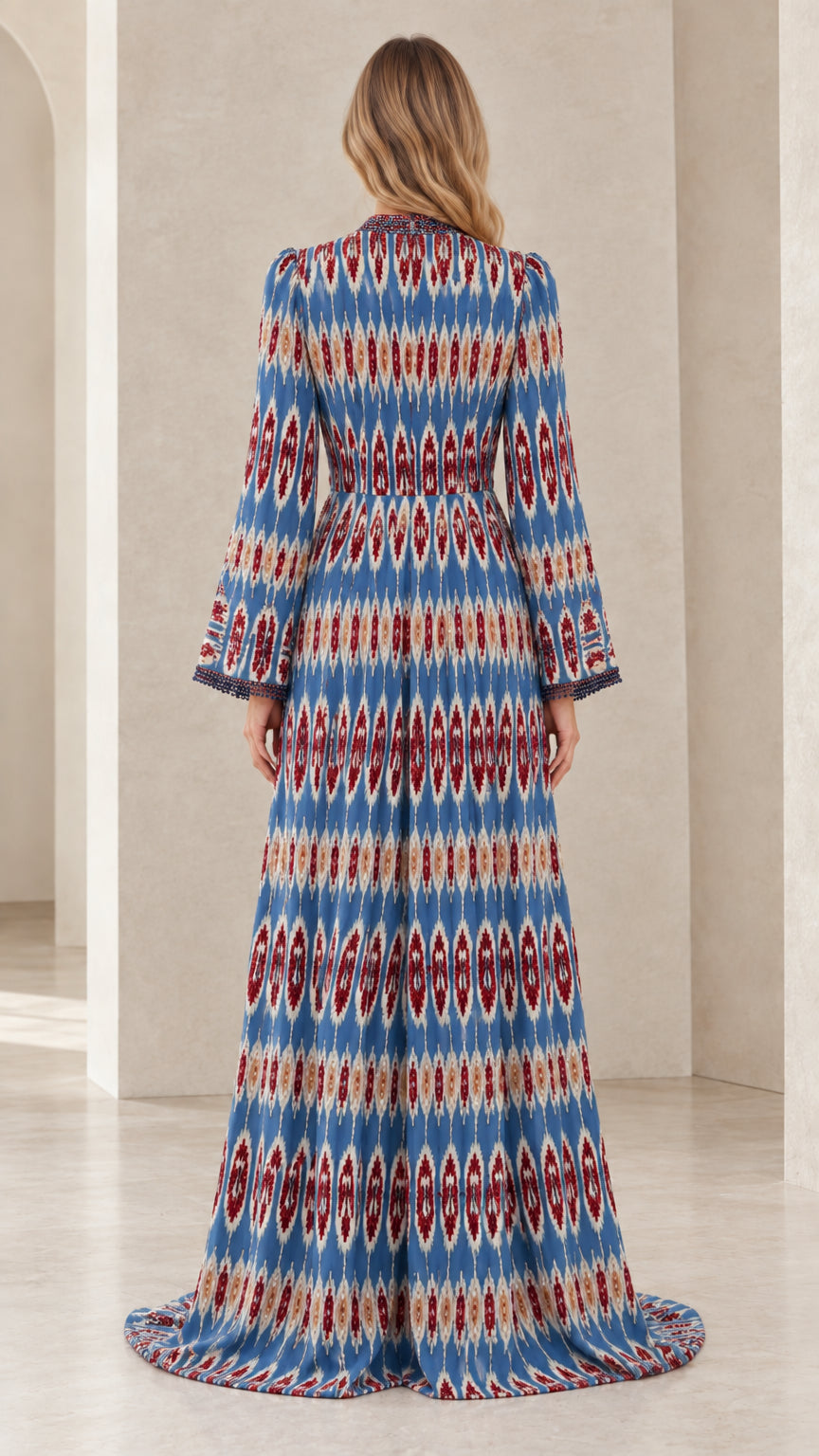 Back view of blue printed long sleeve bohemian maxi gown