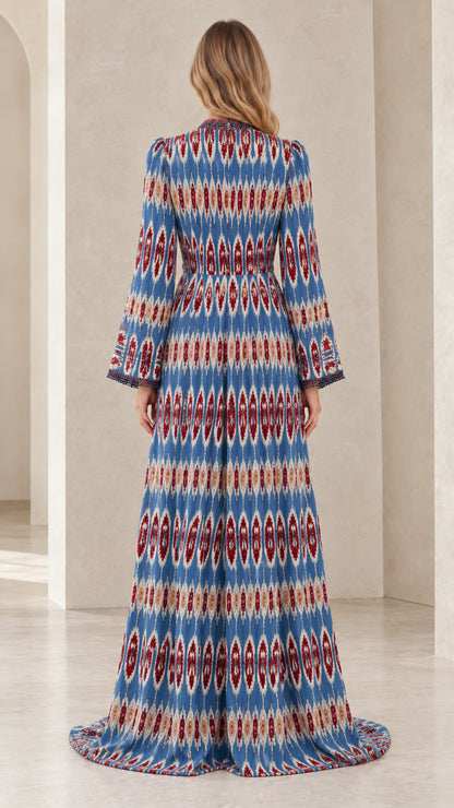 Back view of blue printed long sleeve bohemian maxi gown