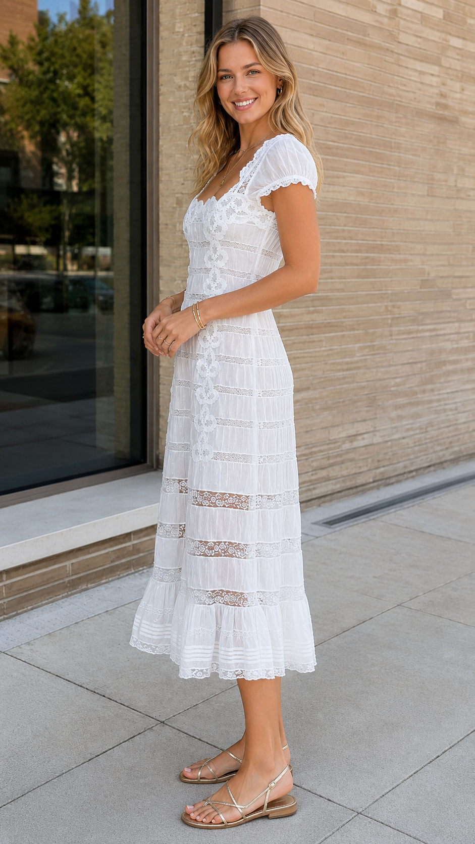 Side view of white textured midi dress with puff sleeves and flared hem