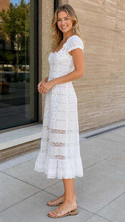 Side view of white textured midi dress with puff sleeves and flared hem