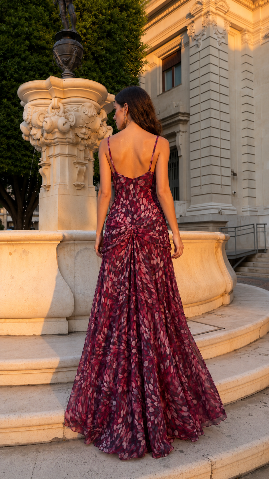 Back view of wine printed maxi dress with low back and full-length skirt