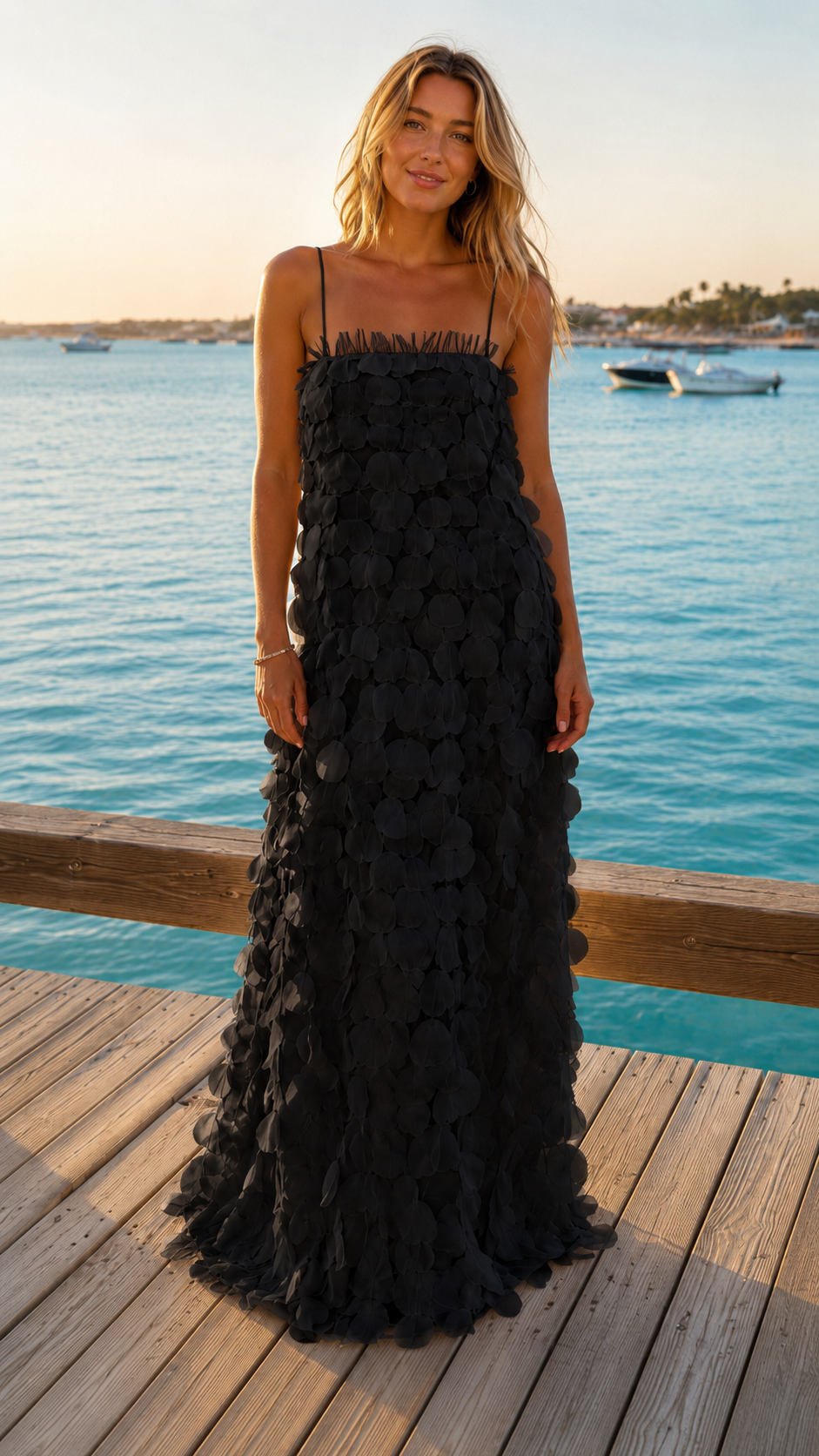 Black textured maxi dress with spaghetti straps and floral appliqué front view