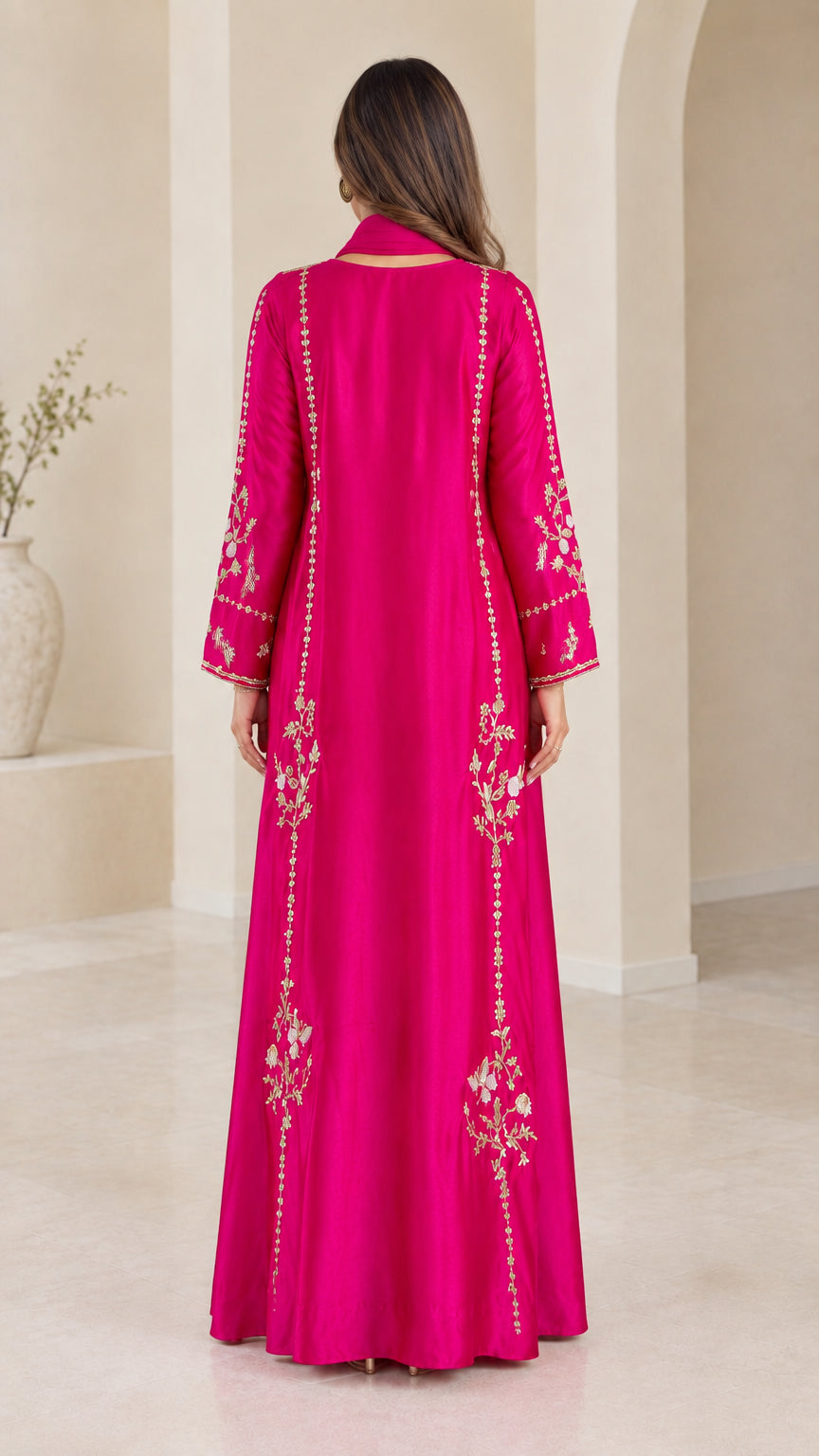 Back view of floor-length fuchsia modest embroidered dress