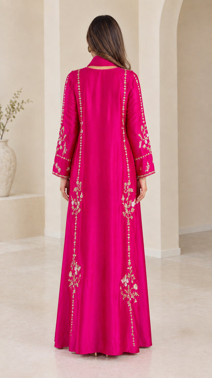 Back view of floor-length fuchsia modest embroidered dress